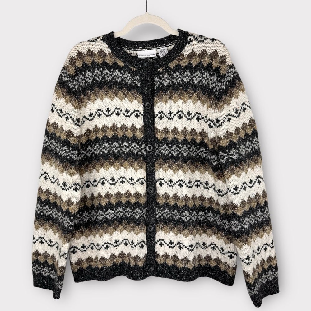 Croft & Barrow Vintage Wool Cardigan Sweater XL Gray Cream Tan Tweed Fair Isle